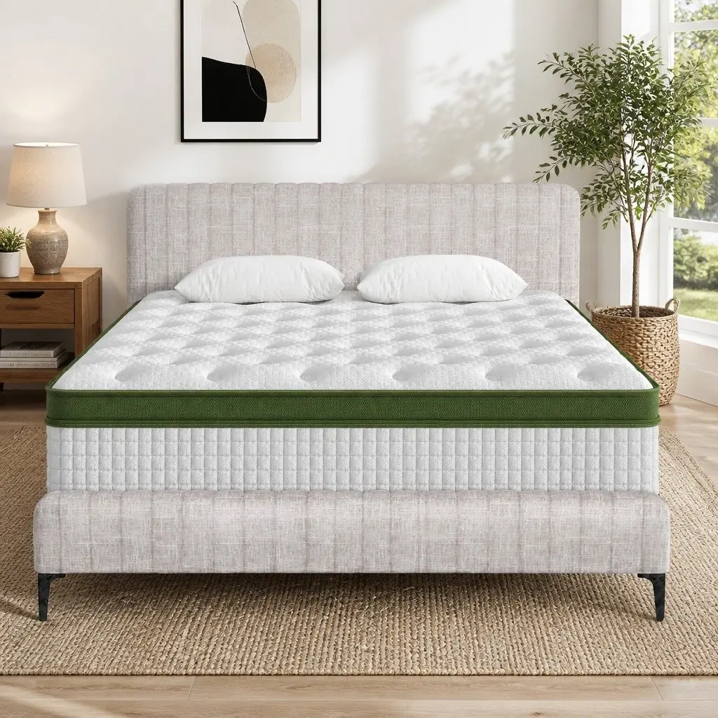 Queen Bed Frame and Mattress Set Upholstered Platform Base Pocket Coil Medium Firm Linen