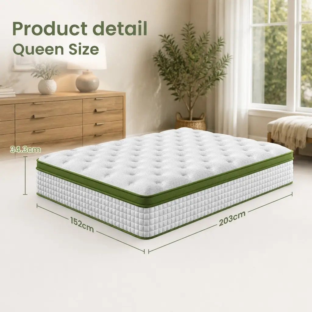 Queen Bed Frame and Mattress Set Upholstered Platform Base Pocket Coil Medium Firm Linen