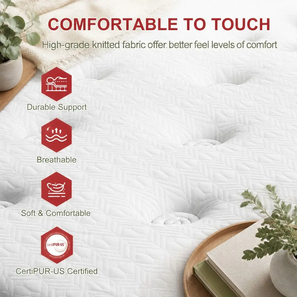 Queen Bed Frame and Mattress Set Upholstered Platform Base Pocket Coil Medium Firm Linen