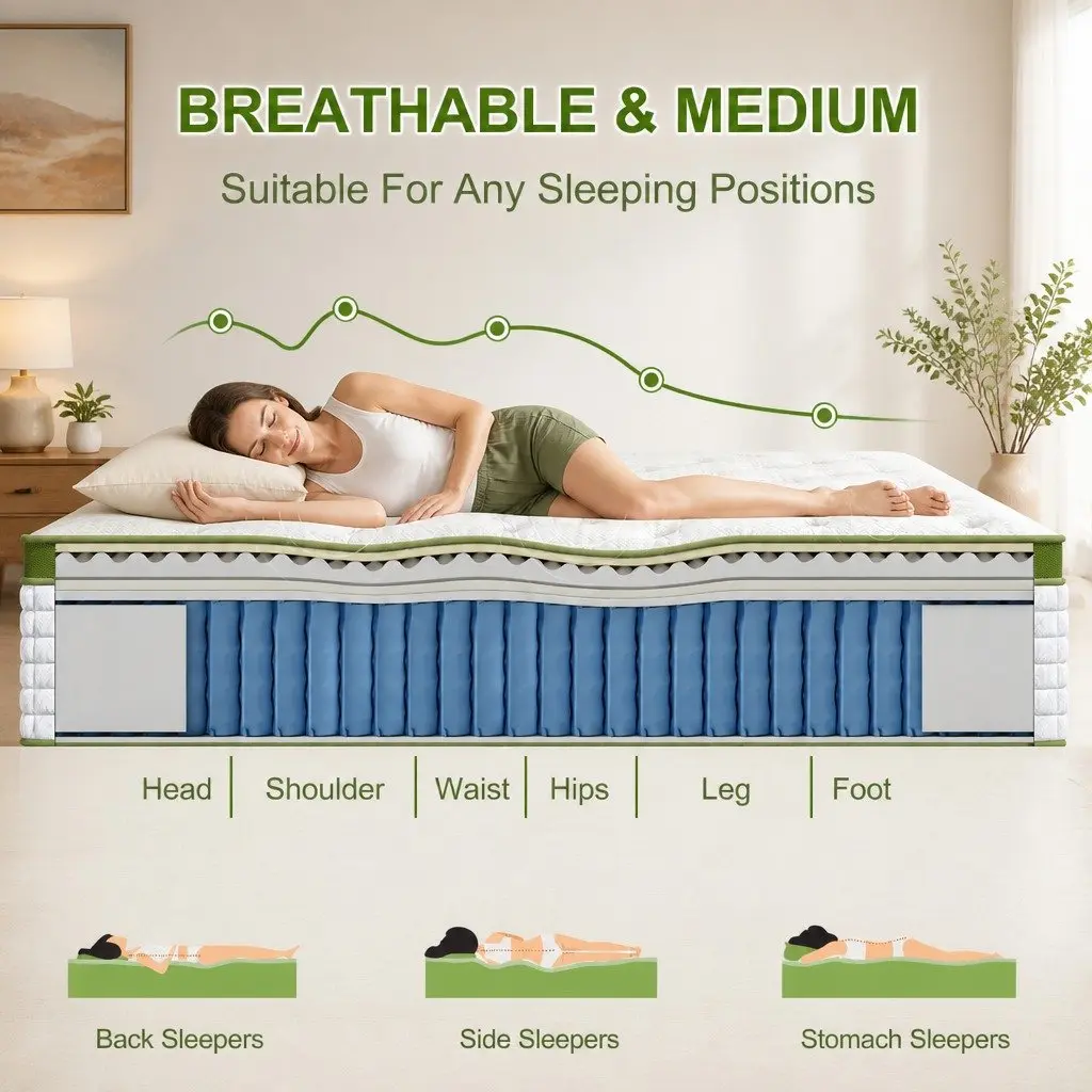 Queen Bed Frame and Mattress Set Upholstered Platform Base Pocket Coil Medium Firm Linen