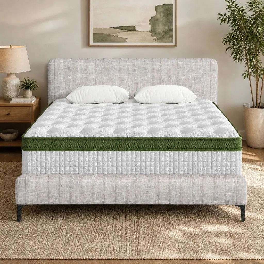 Queen Bed Frame and Mattress Set Upholstered Platform Base Pocket Coil Medium Firm Linen