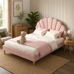 Practical Pink Velvet Bed Frame and Round Side Table Set