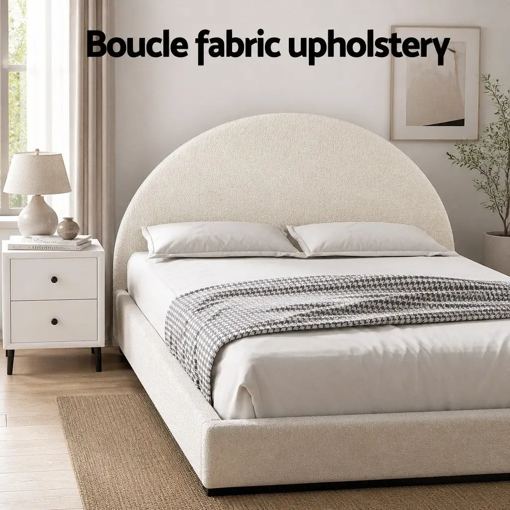 Queen Bed Frame Boucle Upholstered Beige with Gas Lift Storage and Bedside Table