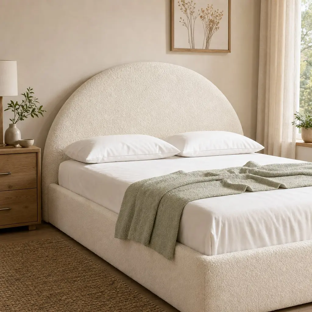 Queen Bed Frame with Gas Lift Storage Boucle Padded 2-Drawer Bedside Table
