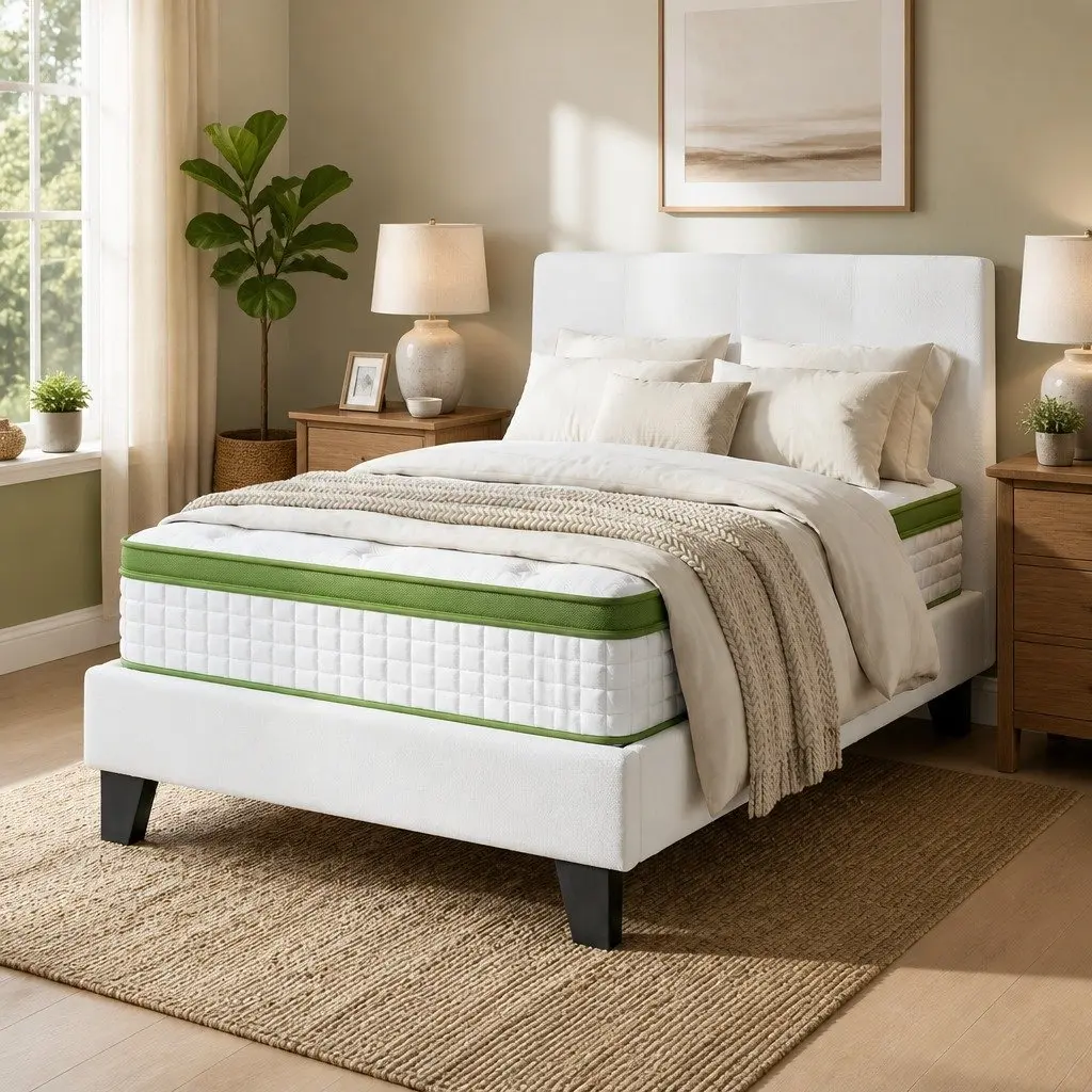 Single Bed Frame with Hybrid Mattress Set Medium Firm Pocket Coil White