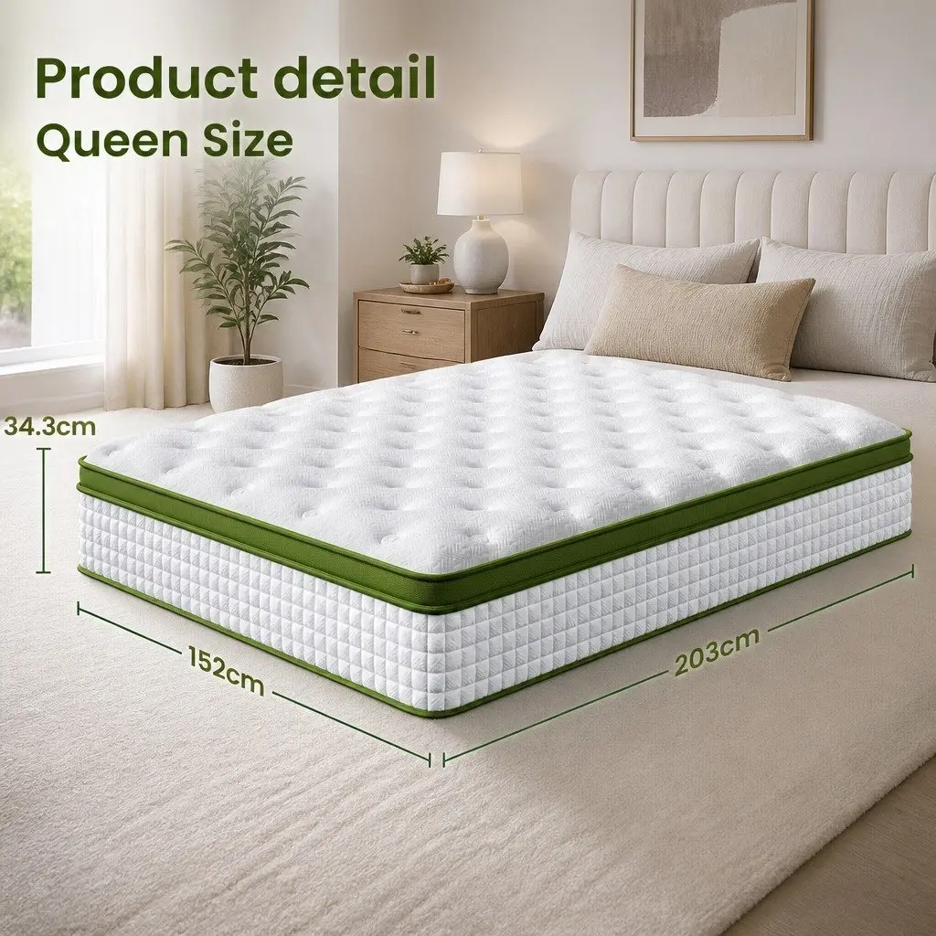 Queen Bed Frame Set PVC Leather White Padded Headboard Hybrid Mattress Medium Firm