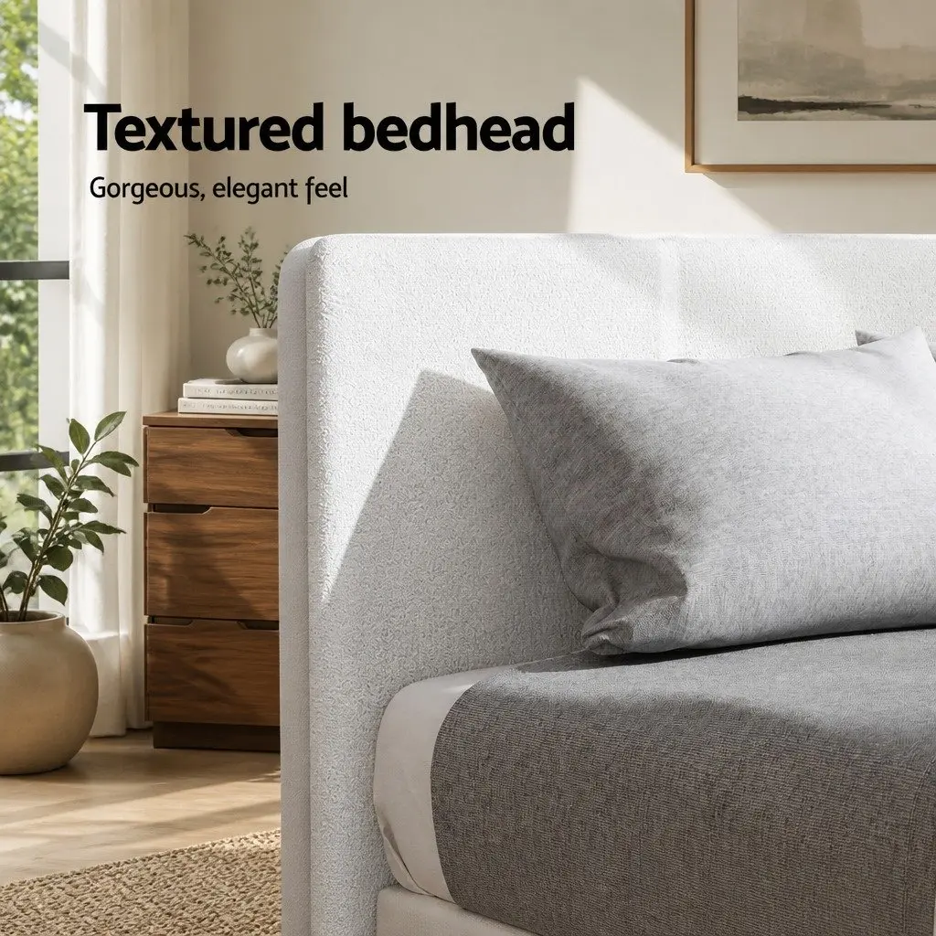 Single Bed Frame with Hybrid Mattress Bundle White Boucle Headboard Platform