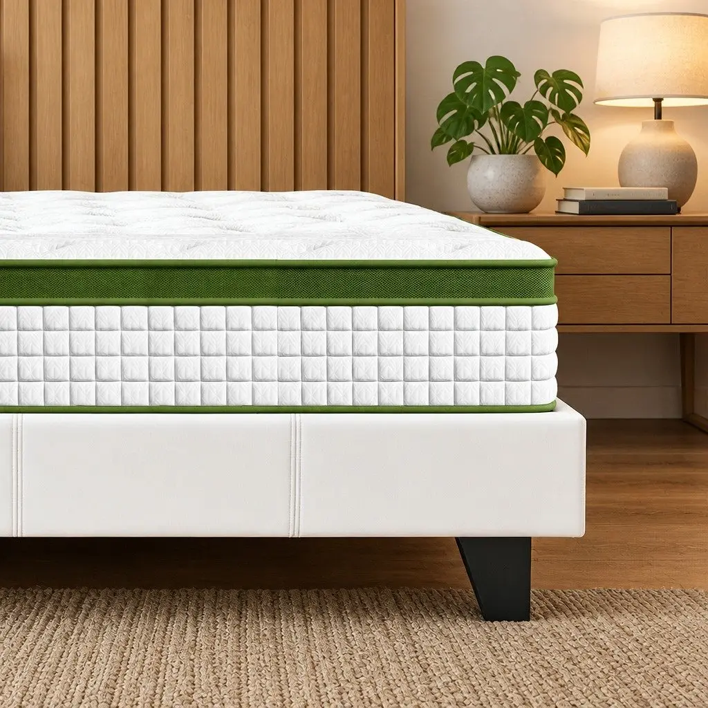 Double Bed Frame with Hybrid Mattress Modern Platform White Bedroom Furniture