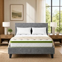 Single Bed Frame with 30cm Hybrid Mattress Grey Upholstered Platform Bedroom