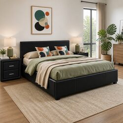 Queen Gas Lift Bed Frame with Storage and Matching Bedside Table Set Black