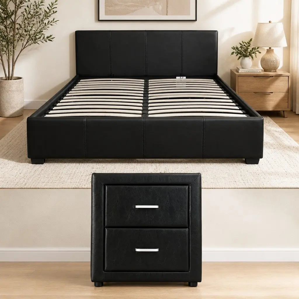 Queen Gas Lift Bed Frame with Storage and Matching Bedside Table Set Black