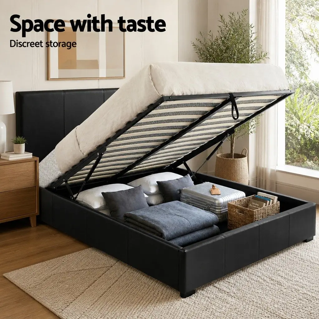 Queen Gas Lift Bed Frame with Storage and Matching Bedside Table Set Black