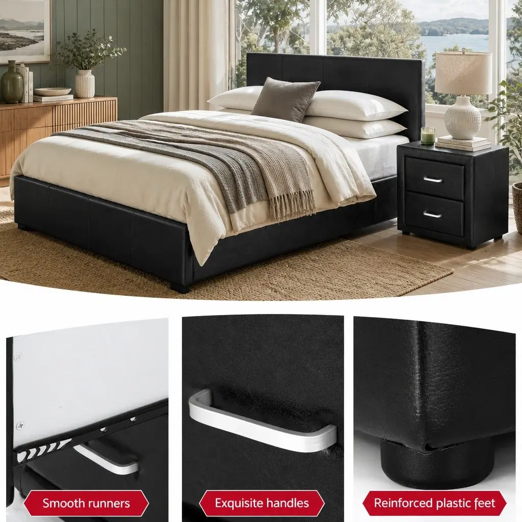 Queen Gas Lift Bed Frame with Storage and Matching Bedside Table Set Black