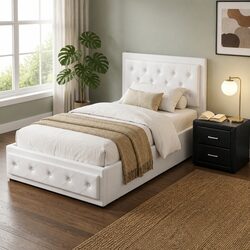 King Single Bed Frame with Gas Lift Storage and Bedside Table Set White Black