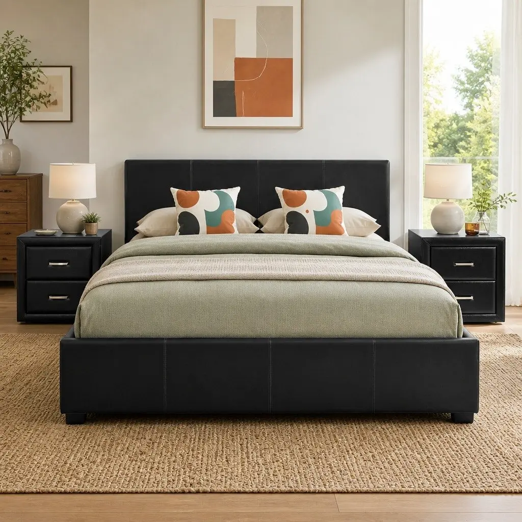 Queen Bed Frame Gas Lift Storage Black with 2 Bedside Tables Bedroom Set