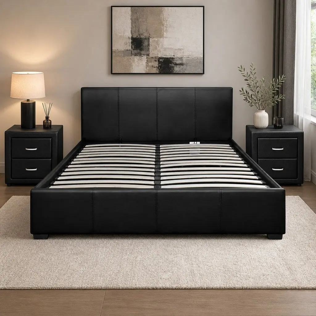 Queen Bed Frame Gas Lift Storage Black with 2 Bedside Tables Bedroom Set