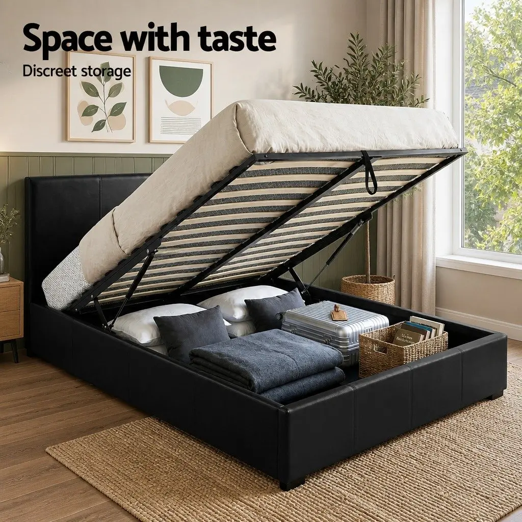 Queen Bed Frame Gas Lift Storage Black with 2 Bedside Tables Bedroom Set
