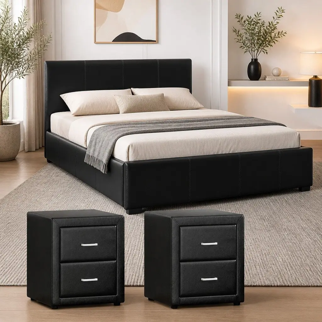 Queen Bed Frame Gas Lift Storage Black with 2 Bedside Tables Bedroom Set