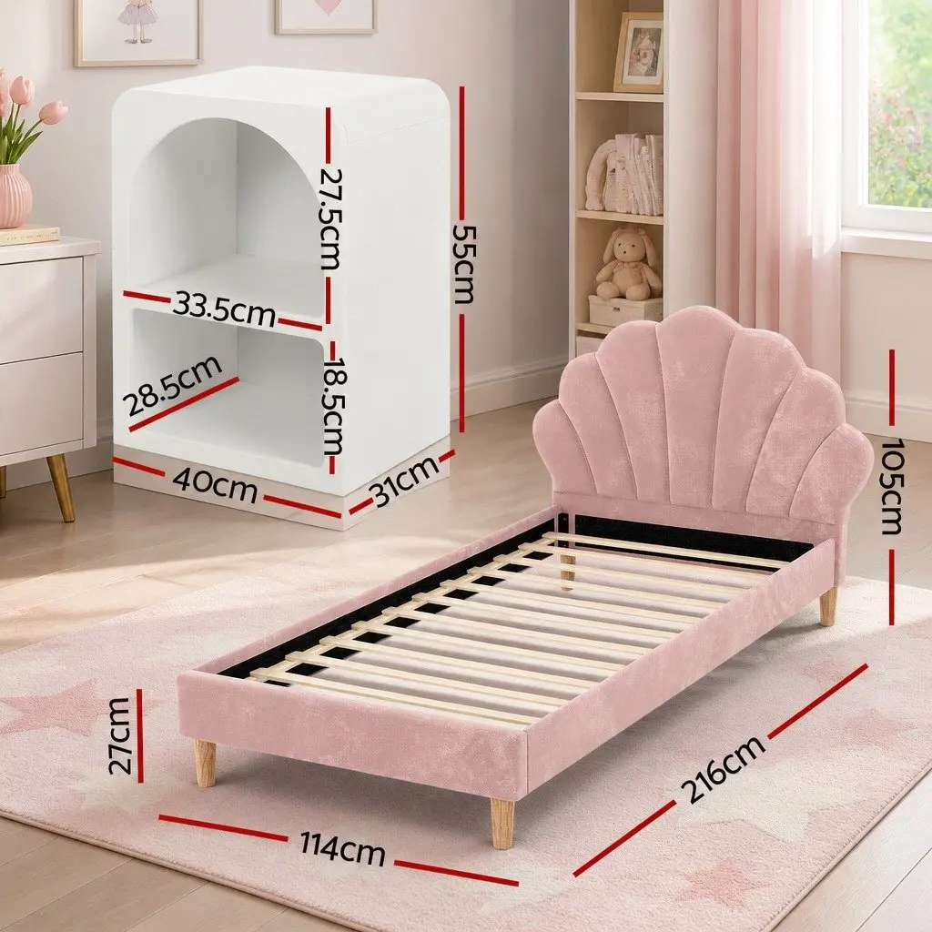 King Single Bed Frame Wooden Construction Pink Velvet Upholstered Scallop Headboard with Matching Bedside Table Storage White E1 MDF 2 Piece