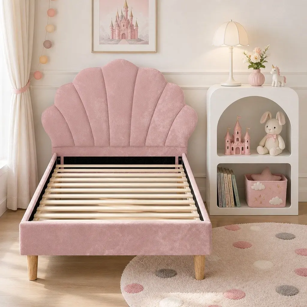 King Single Bed Frame Wooden Construction Pink Velvet Upholstered Scallop Headboard with Matching Bedside Table Storage White E1 MDF 2 Piece