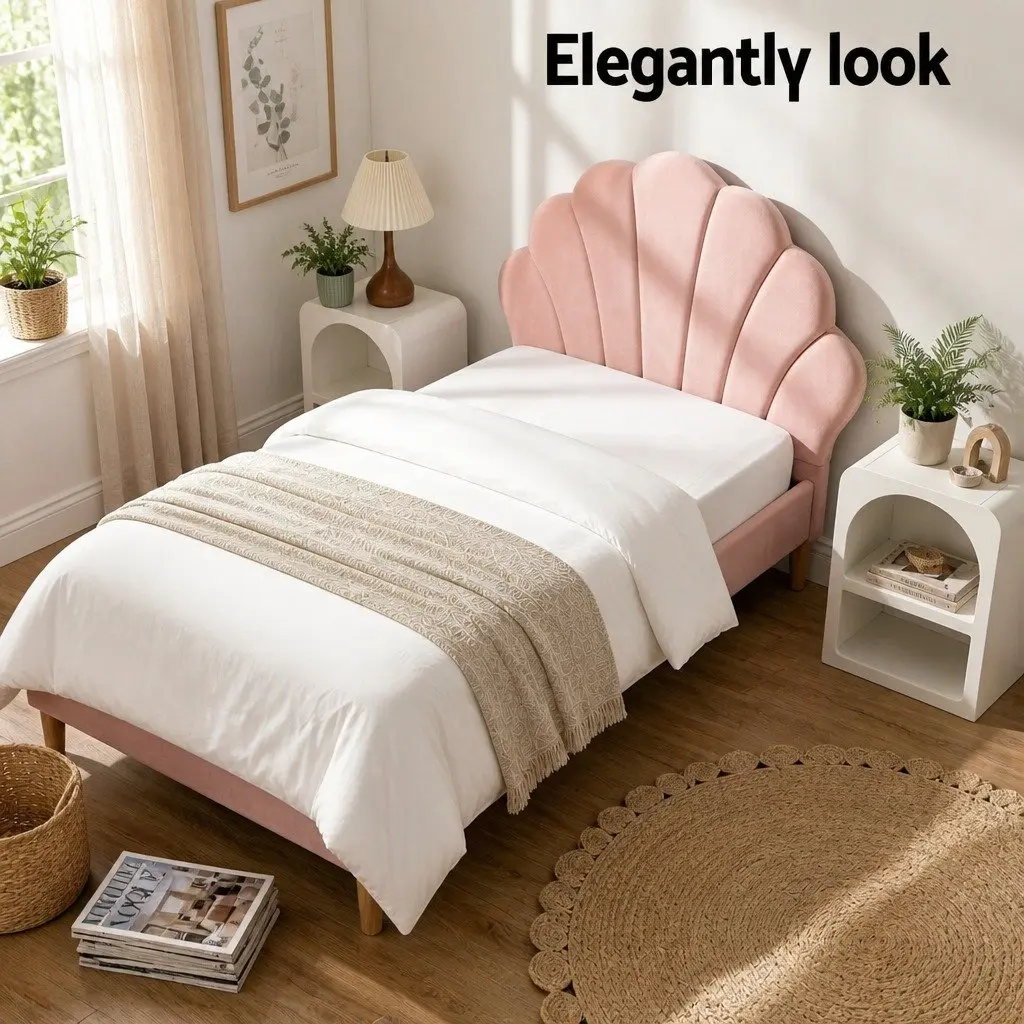 King Single Bed Frame Wooden Construction Pink Velvet Upholstered Scallop Headboard with Matching Bedside Table Storage White E1 MDF 2 Piece