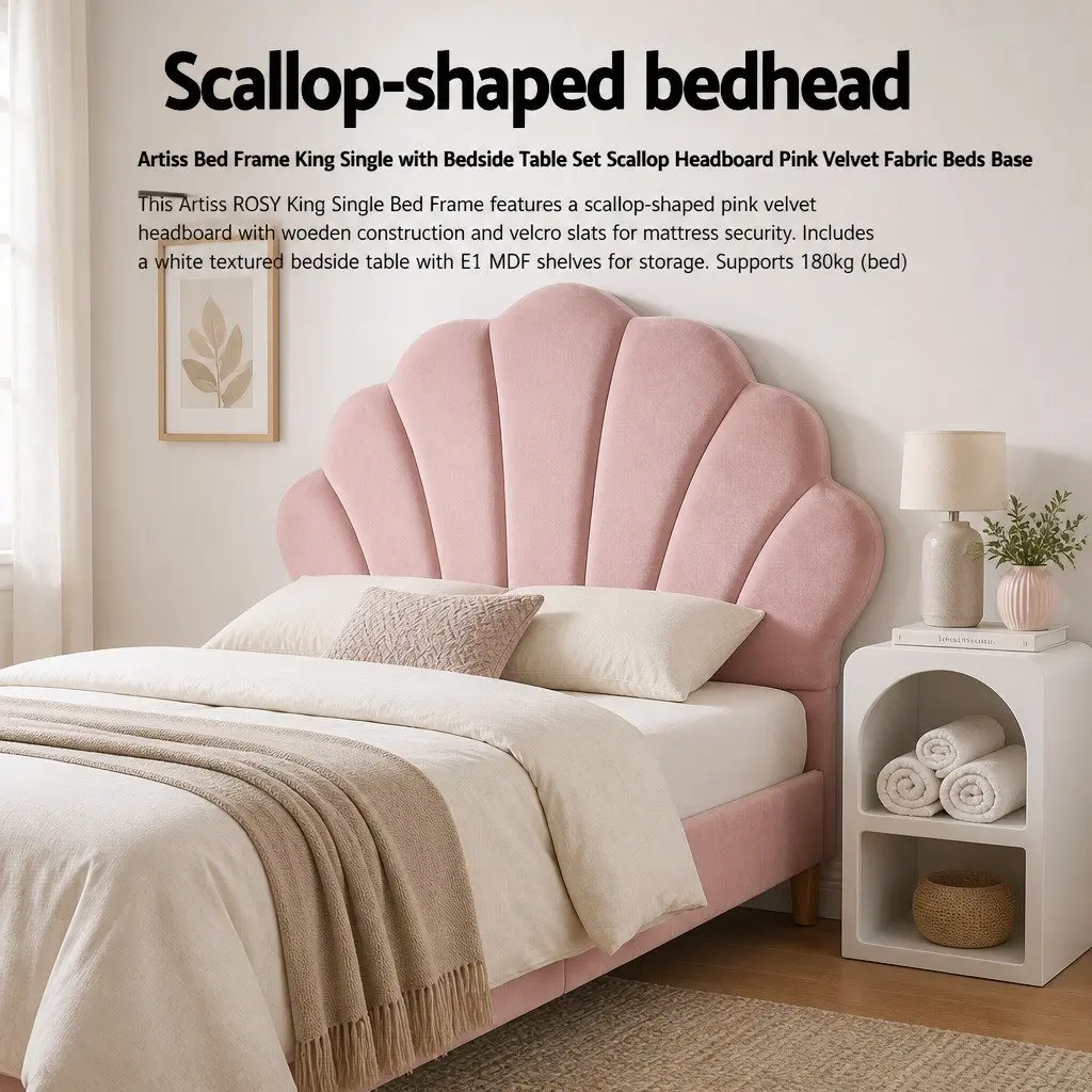 King Single Bed Frame Wooden Construction Pink Velvet Upholstered Scallop Headboard with Matching Bedside Table Storage White E1 MDF 2 Piece