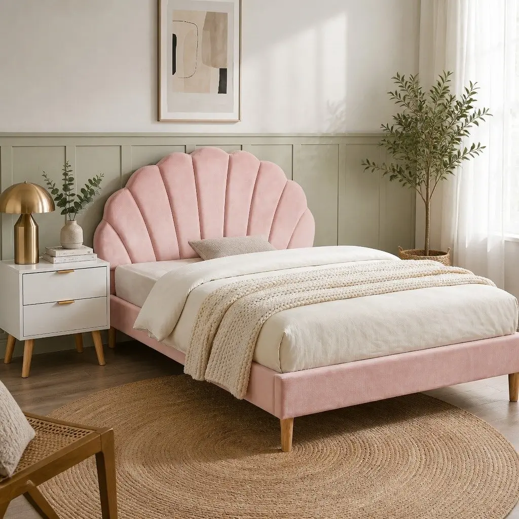 Double Bed Frame Velvet Scallop Headboard Pink with Matching 2 Drawer Nightstand