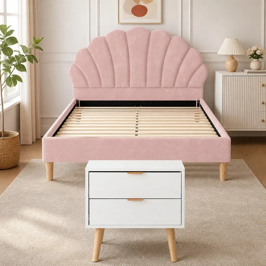 Double Bed Frame Velvet Scallop Headboard Pink with Matching 2 Drawer Nightstand