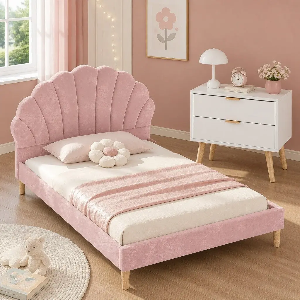 Double Bed Frame Velvet Scallop Headboard Pink with Matching 2 Drawer Nightstand