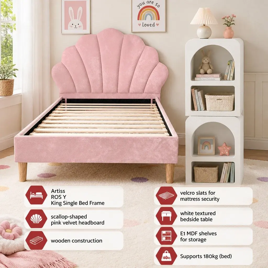 King Single Bed Frame Pink Velvet Scallop Headboard with 2 White Side Tables