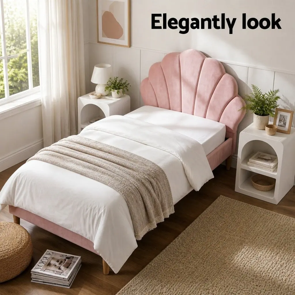 King Single Bed Frame Pink Velvet Scallop Headboard with 2 White Side Tables