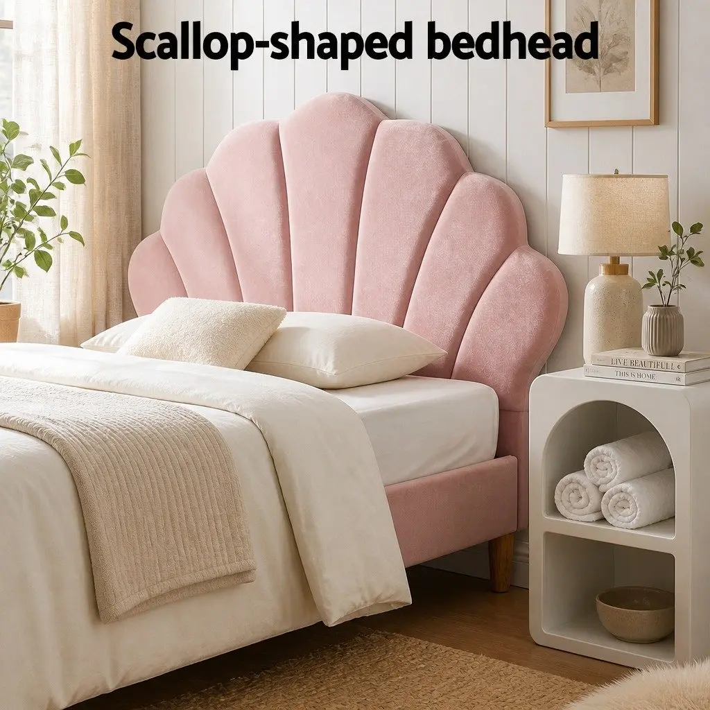 King Single Bed Frame Pink Velvet Scallop Headboard with 2 White Side Tables