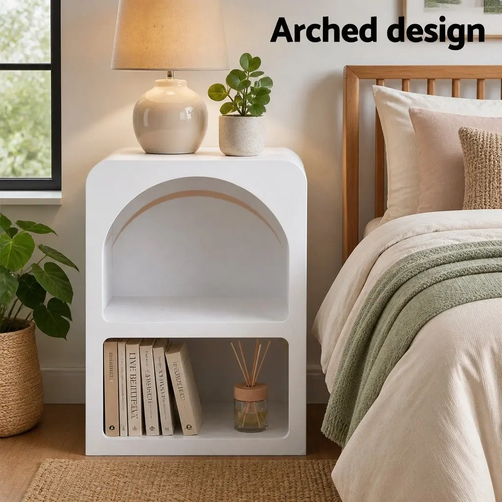 King Single Bed Frame Pink Velvet Scallop Headboard with 2 White Side Tables