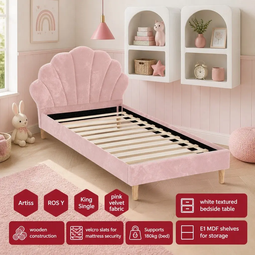 King Single Bed Frame Pink Velvet Scallop Headboard with 2 White Side Tables