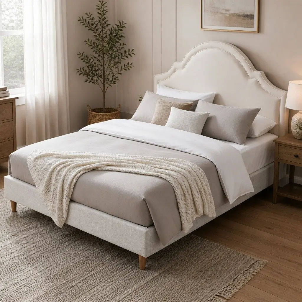 Queen Bed Frame Wooden Slat Platform Velvet Scalloped Headboard Beige