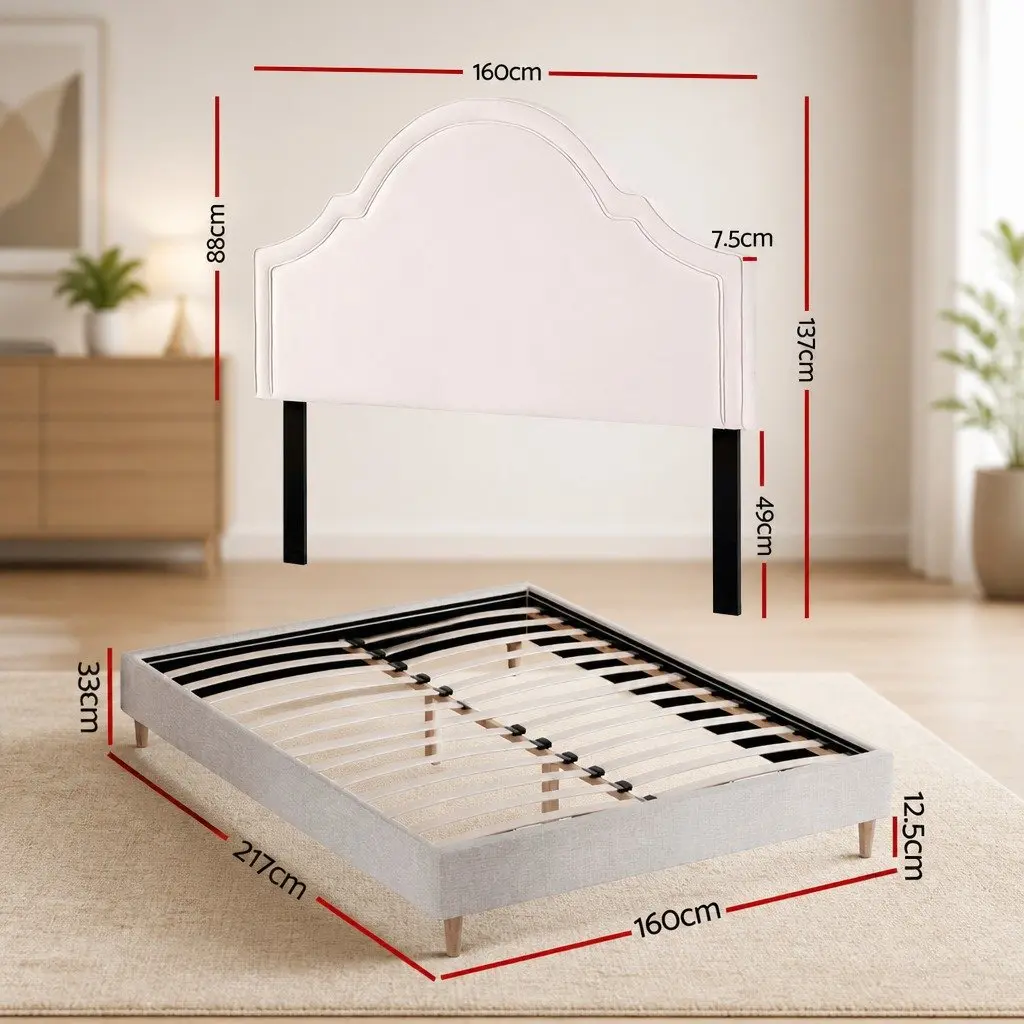 Queen Bed Frame Wooden Slat Platform Velvet Scalloped Headboard Beige