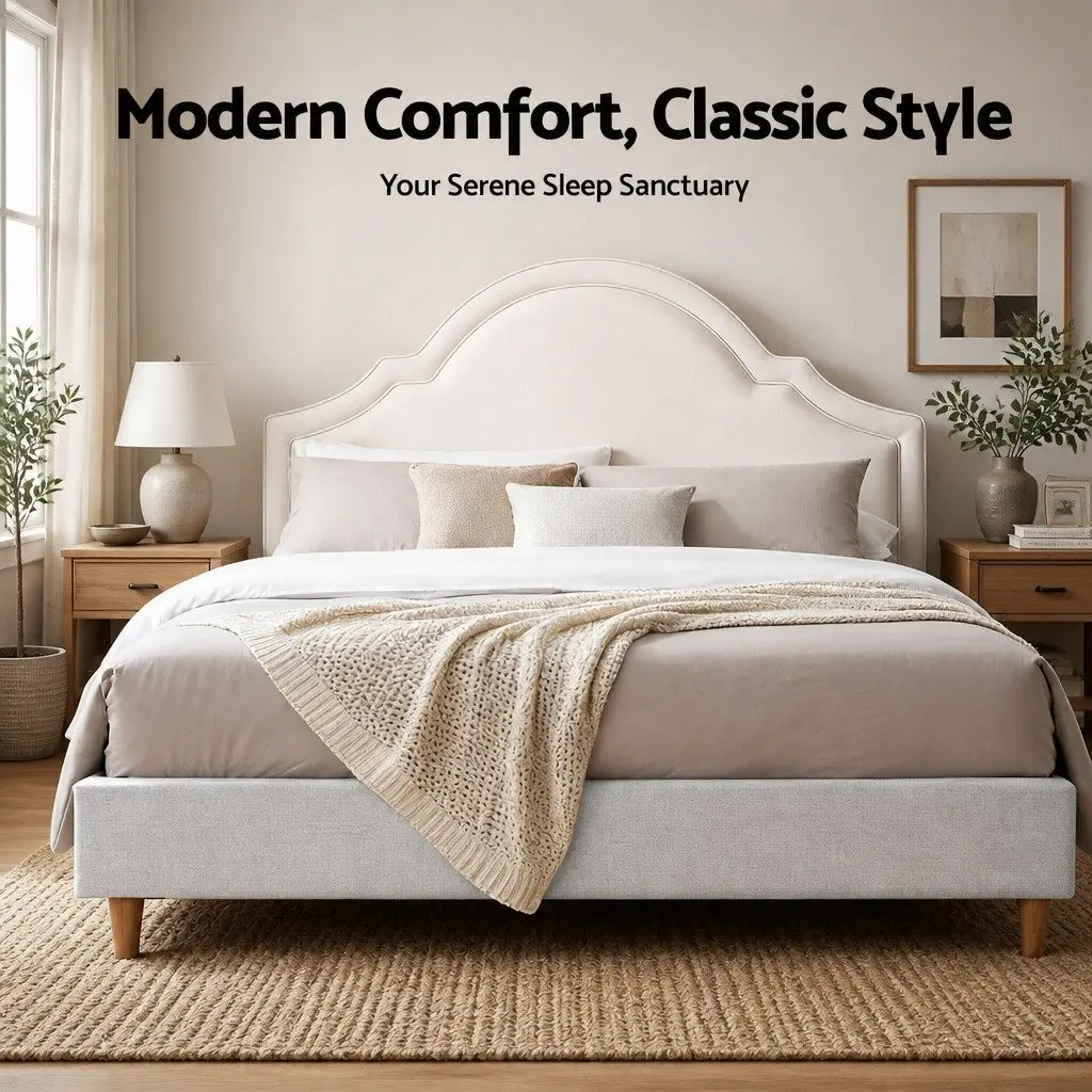 Queen Bed Frame Wooden Slat Platform Velvet Scalloped Headboard Beige