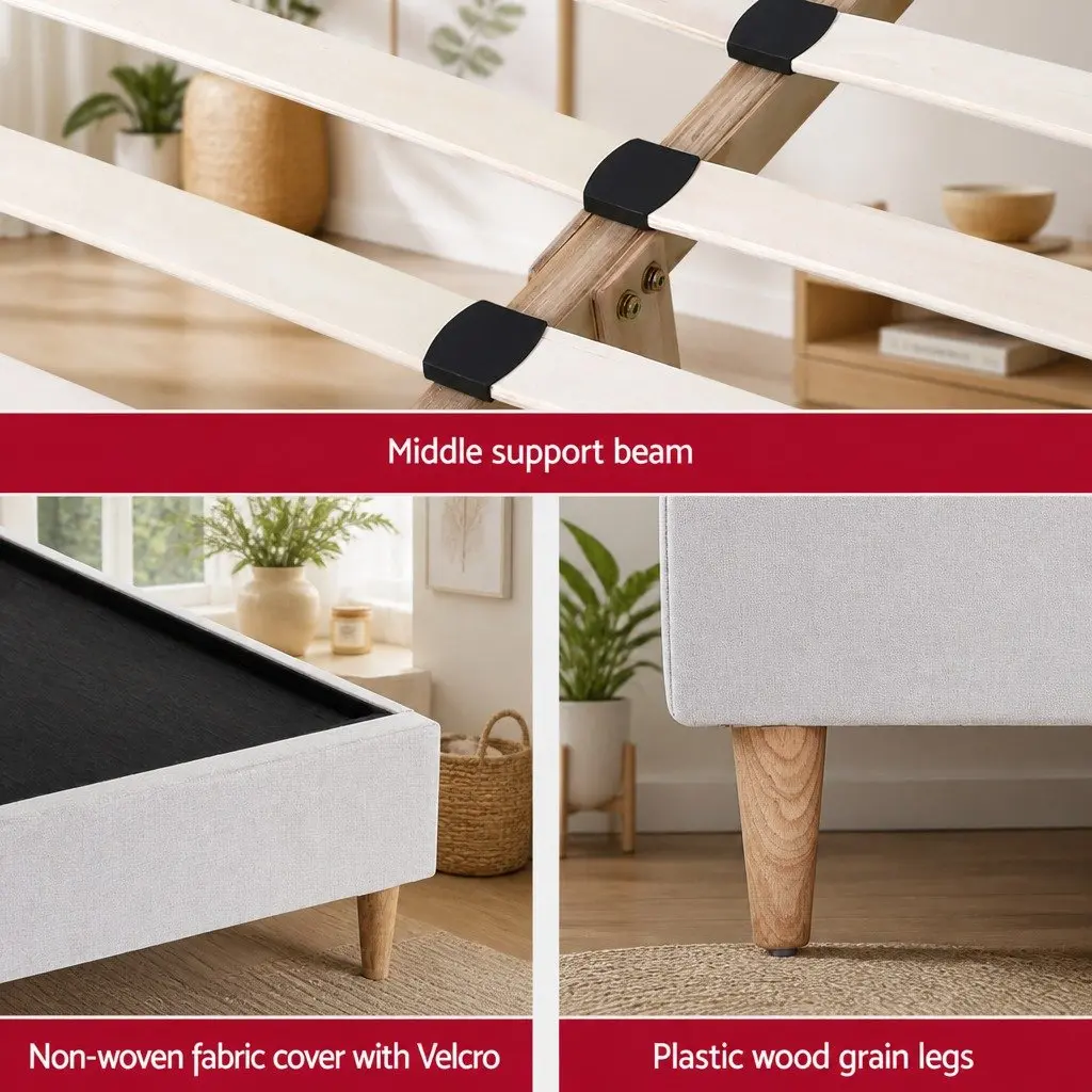 Queen Bed Frame Wooden Slat Platform Velvet Scalloped Headboard Beige