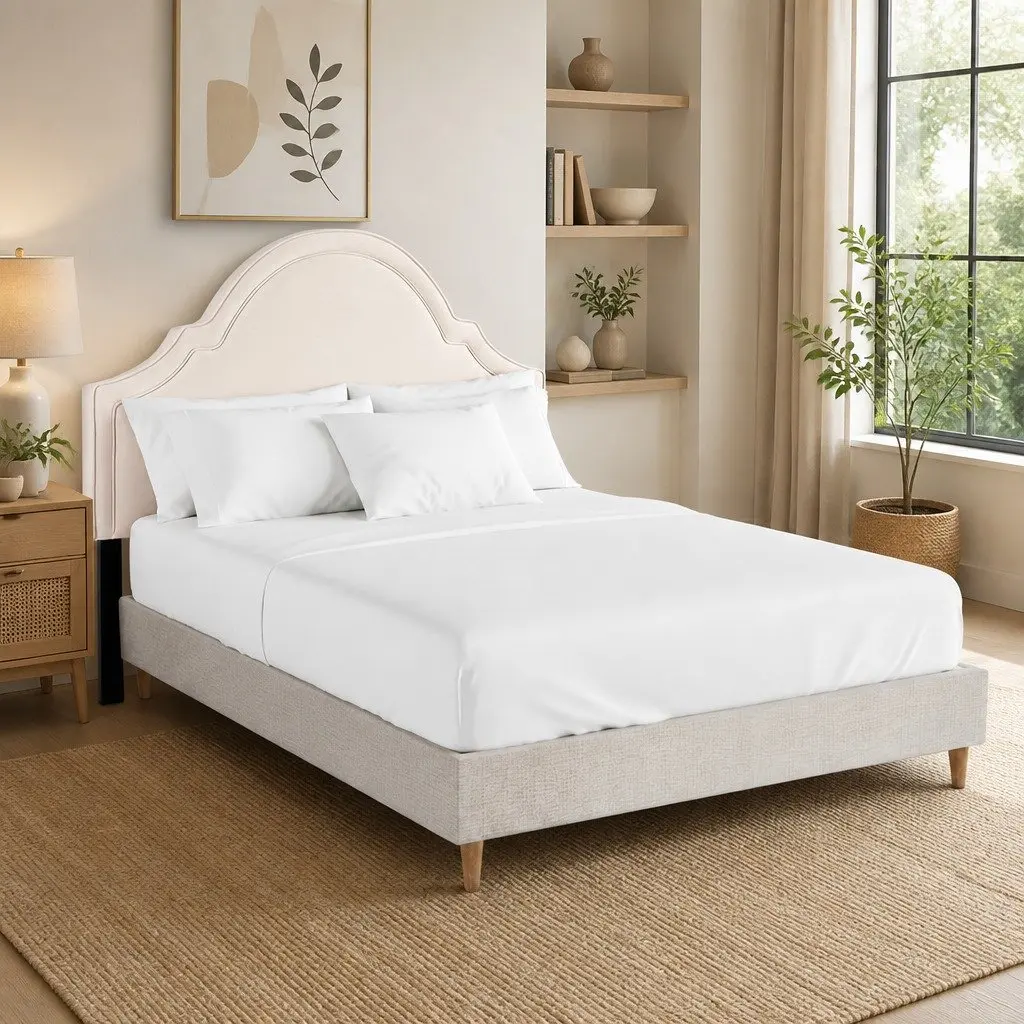 Queen Bed Frame Wooden Slat Platform Velvet Scalloped Headboard Beige