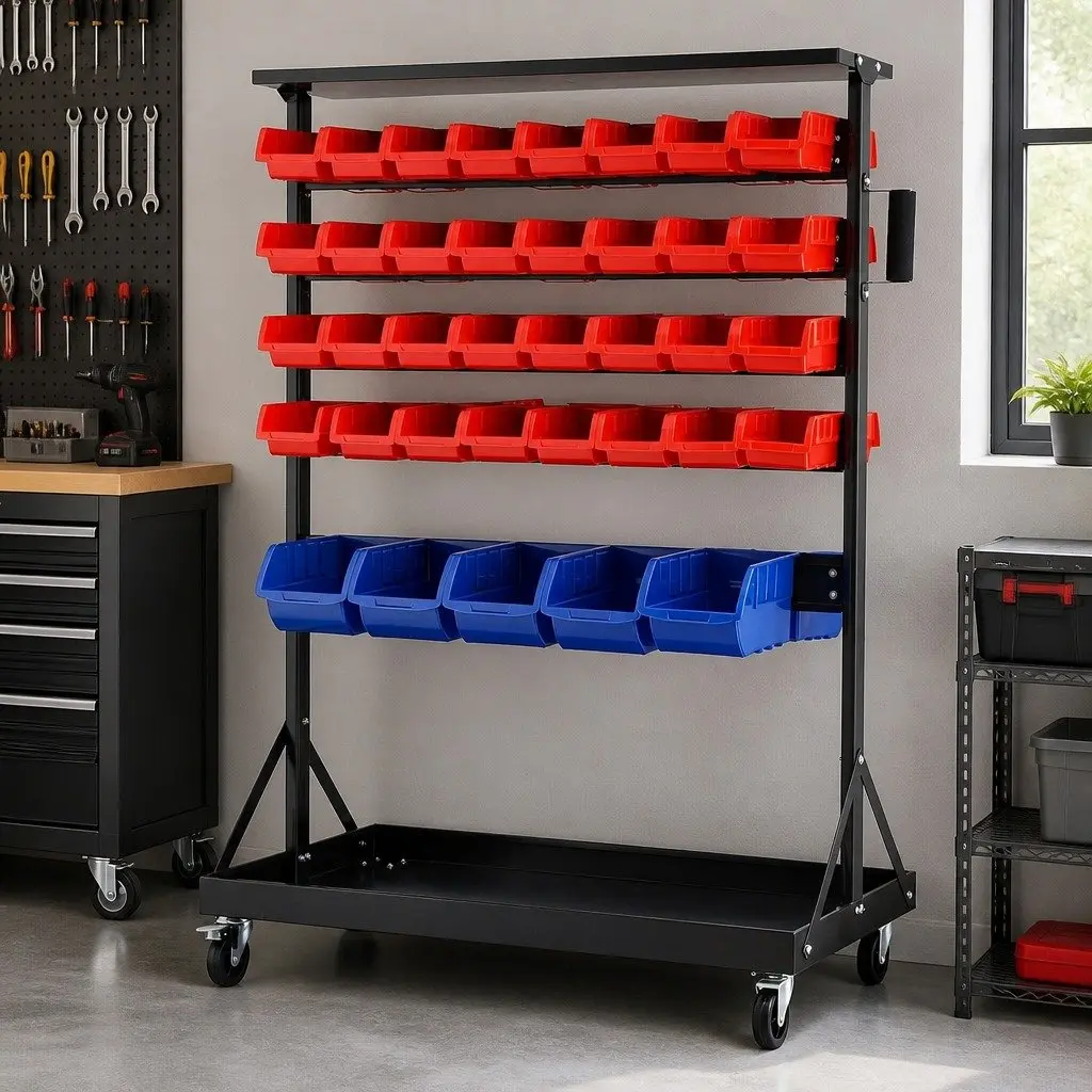 74 Bin Storage Rack Double Sided 5 Tier Steel Frame Mobile Organizer Red Blue