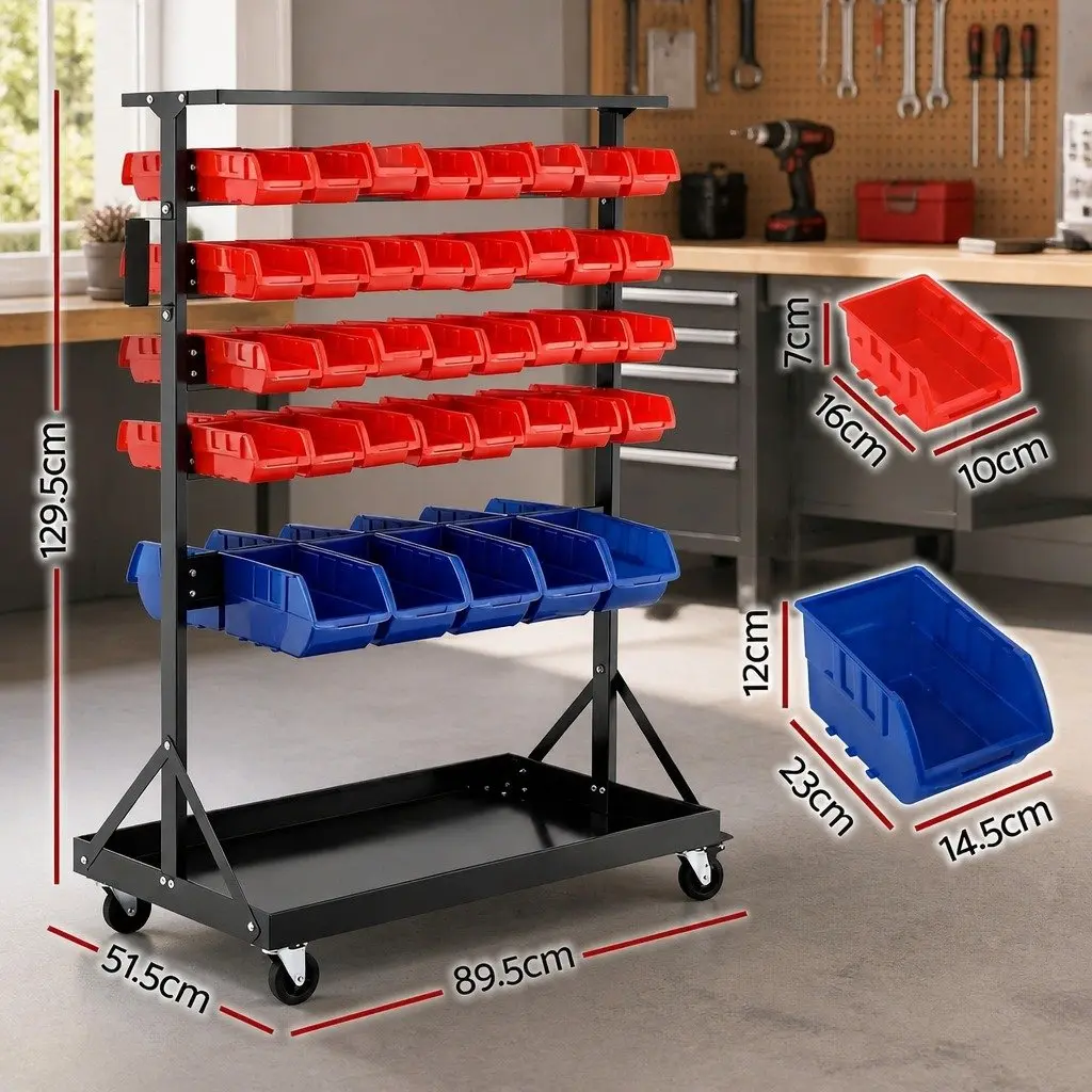 74 Bin Storage Rack Double Sided 5 Tier Steel Frame Mobile Organizer Red Blue