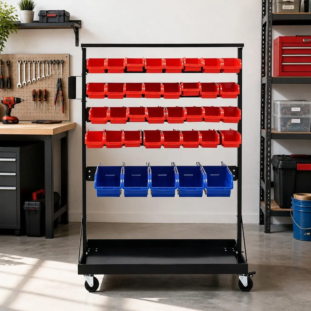 74 Bin Storage Rack Double Sided 5 Tier Steel Frame Mobile Organizer Red Blue