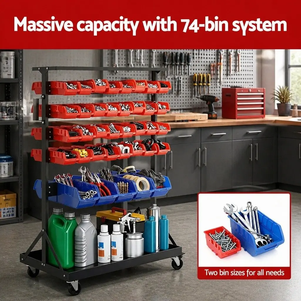 74 Bin Storage Rack Double Sided 5 Tier Steel Frame Mobile Organizer Red Blue