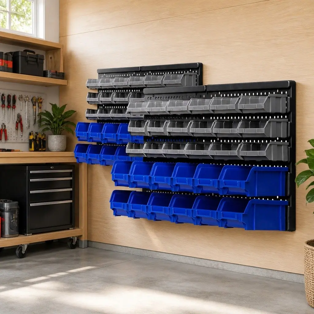 60 Bin Wall Storage Rack Organiser Heavy Duty Pegboard System Blue Grey