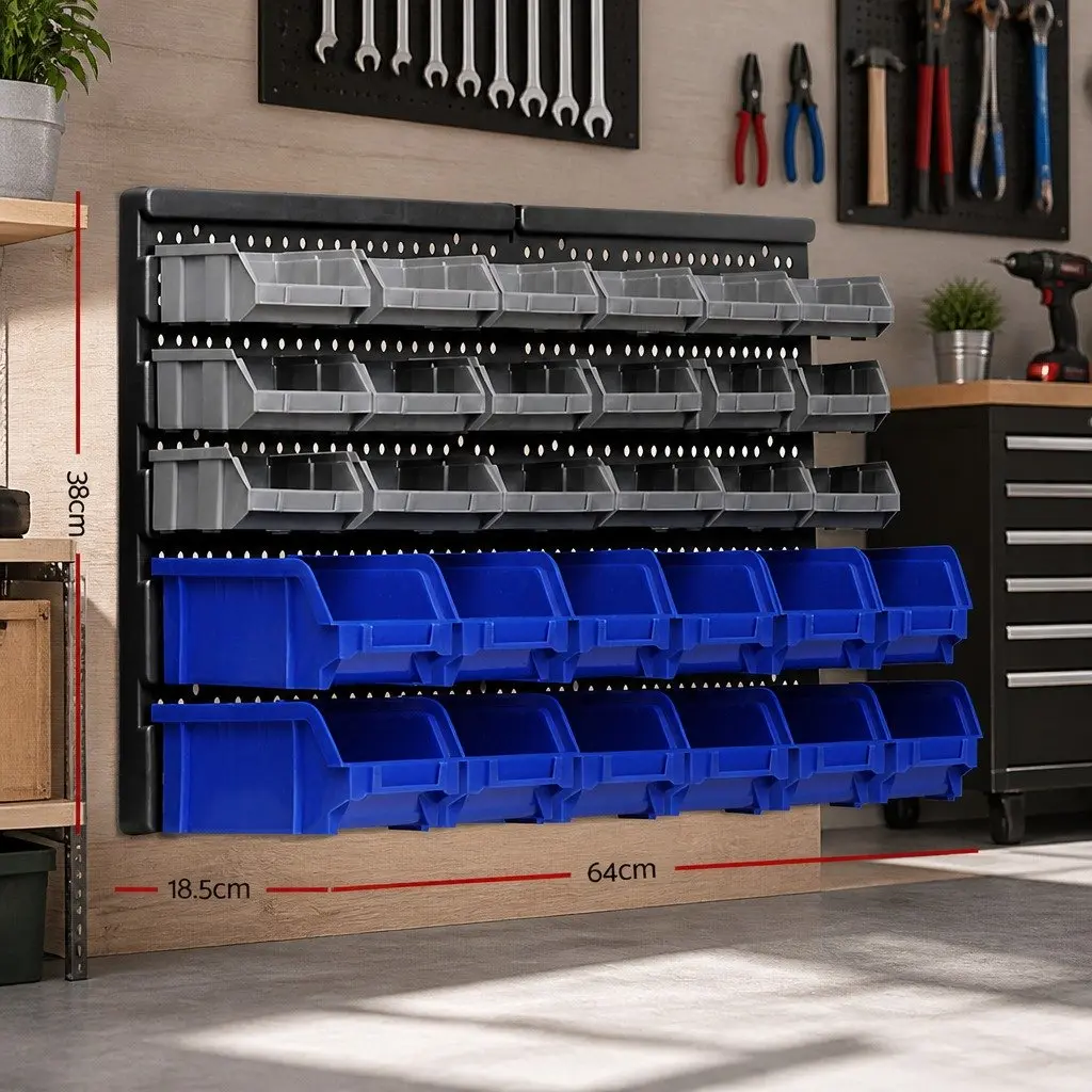 60 Bin Wall Storage Rack Organiser Heavy Duty Pegboard System Blue Grey