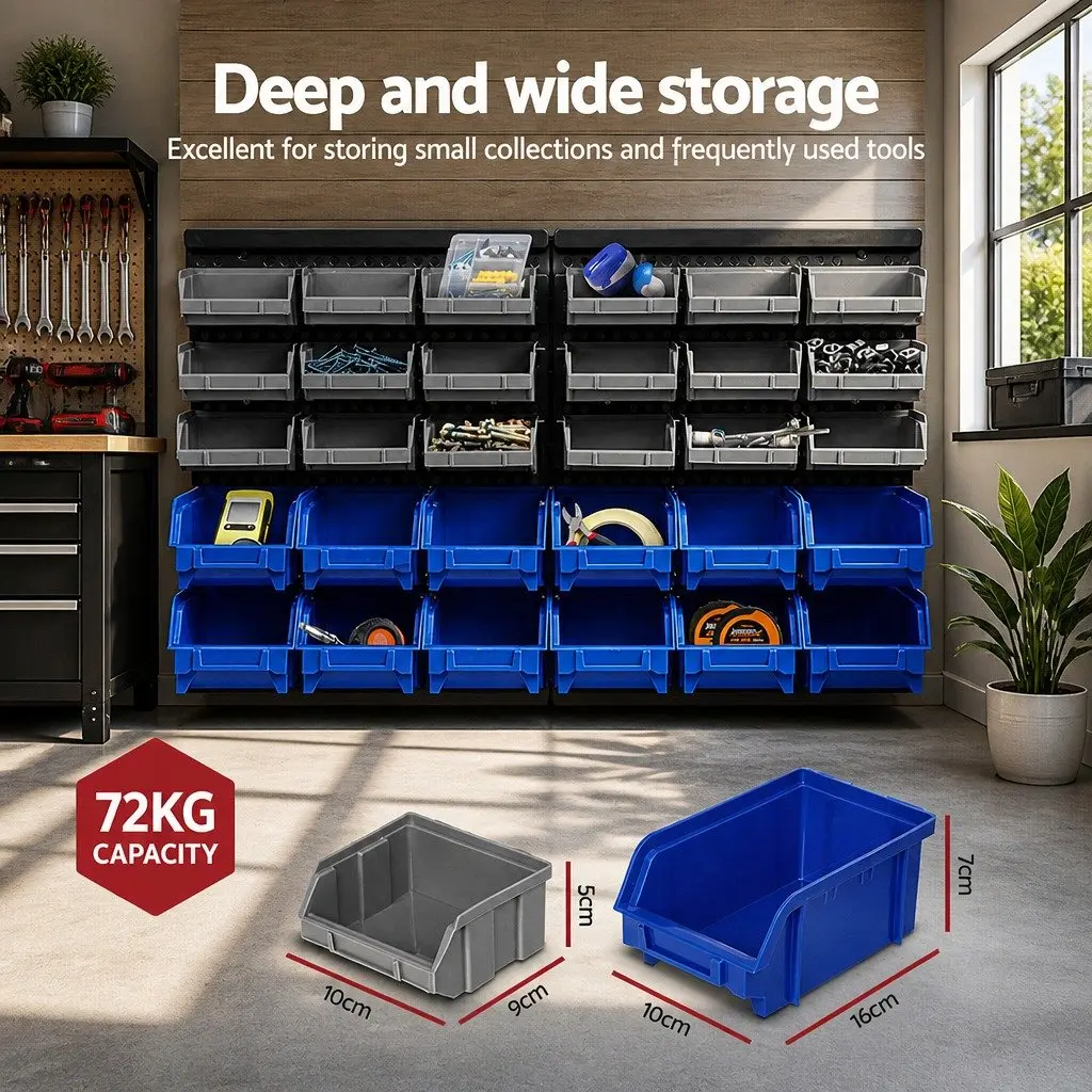 60 Bin Wall Storage Rack Organiser Heavy Duty Pegboard System Blue Grey