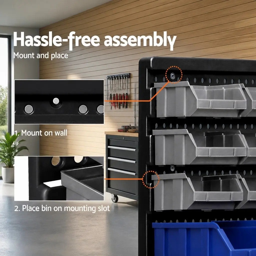 60 Bin Wall Storage Rack Organiser Heavy Duty Pegboard System Blue Grey