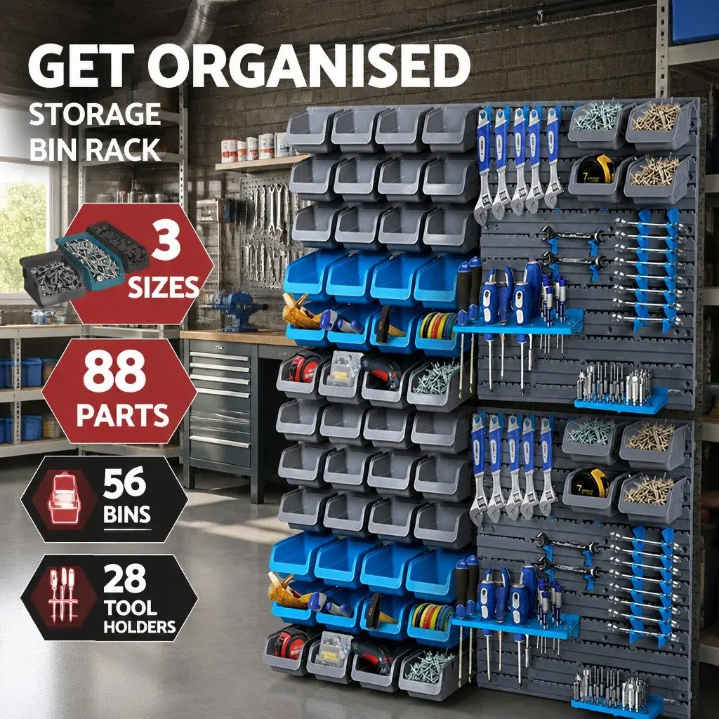Wall Mounted Storage Bin Rack Heavy Duty 88 Parts Tool Organiser Pegboard Blue Grey