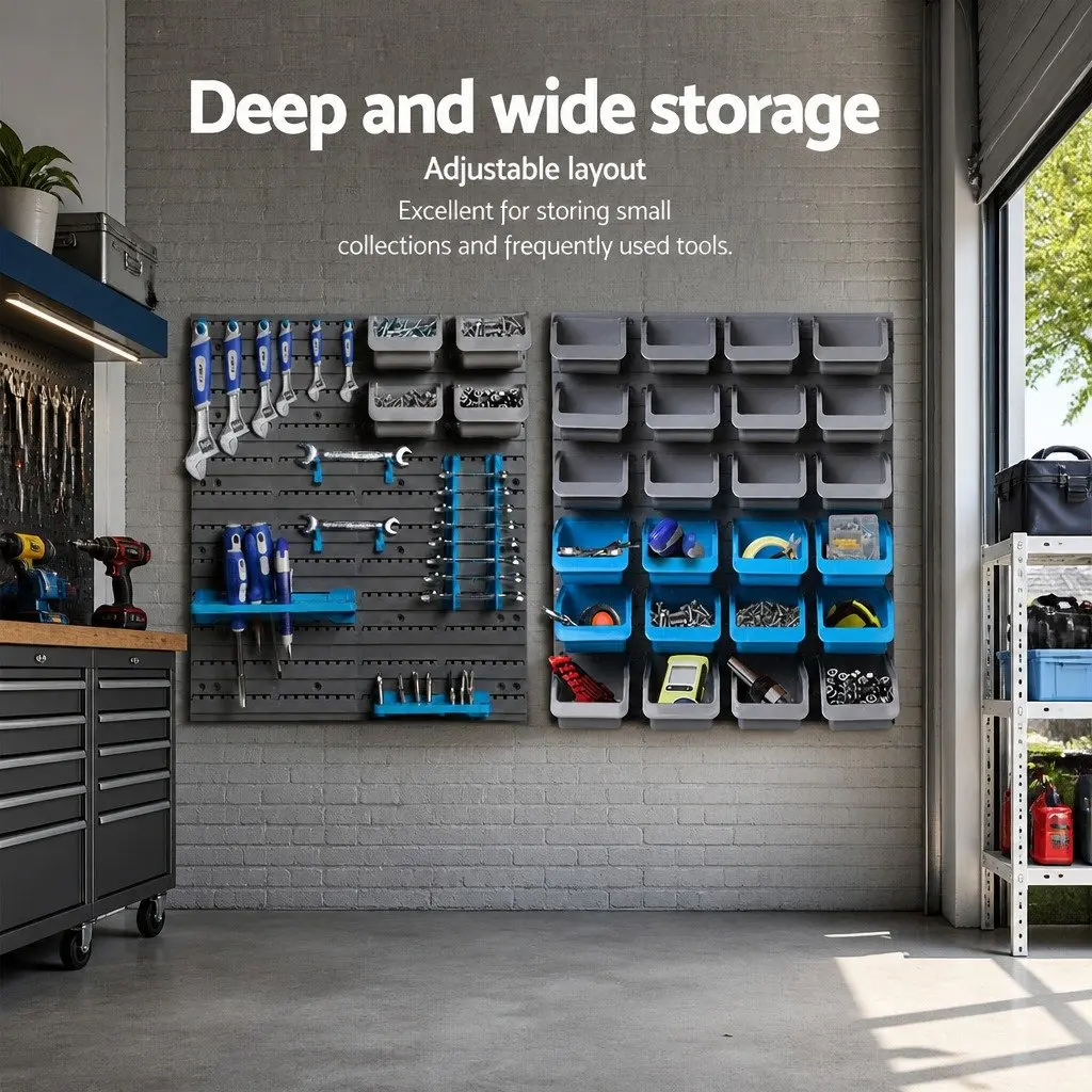 Wall Mounted Storage Bin Rack Heavy Duty 88 Parts Tool Organiser Pegboard Blue Grey