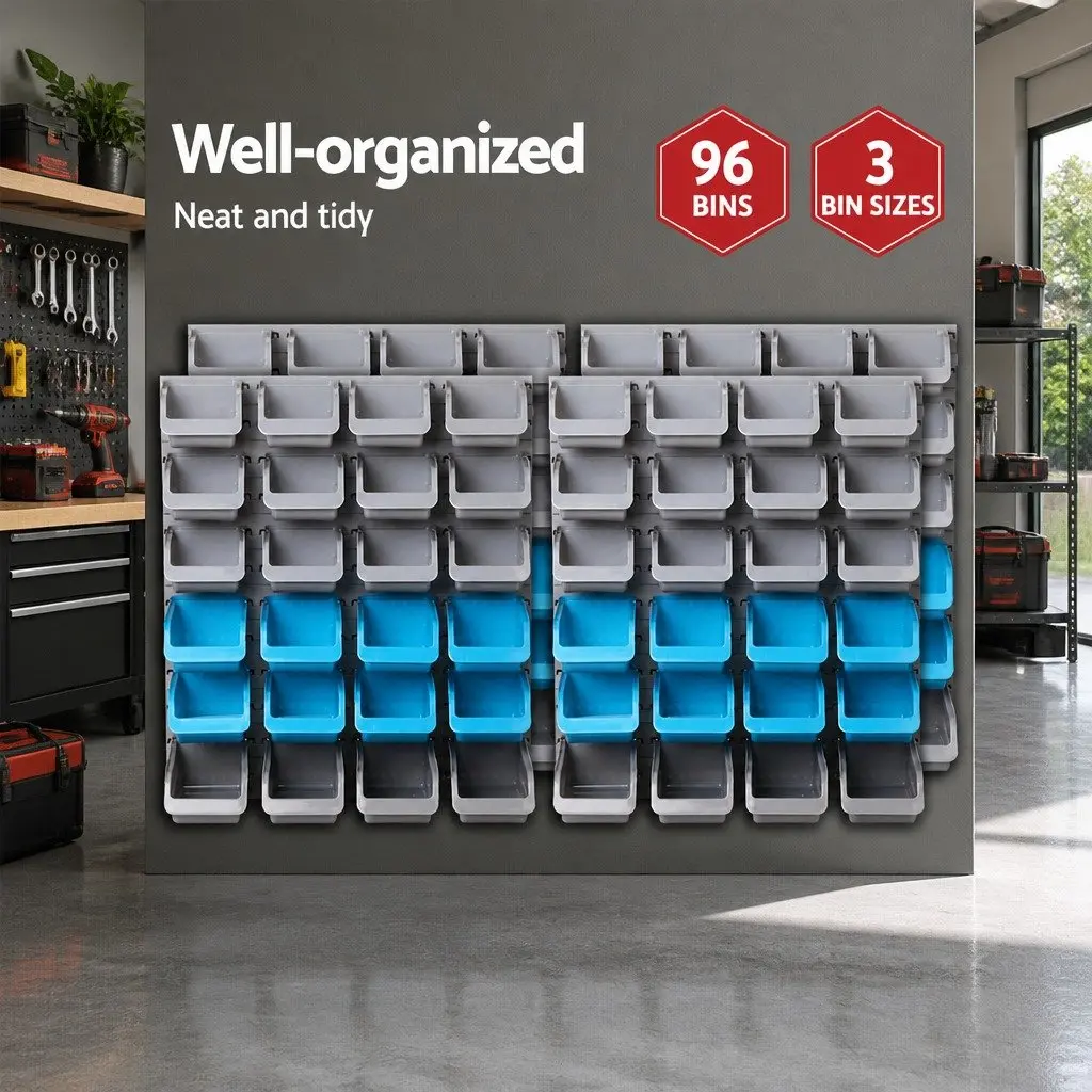 Storage Bin Rack Wall Mounted Heavy Duty 96 Bins Pegboard Tool Organiser Garage Workshop